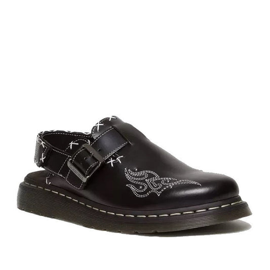 Image of right foot, side on of Dr Martens - Black Jorge II Gothic Americana Leather Slingback Mules-Foot Forward Shoes