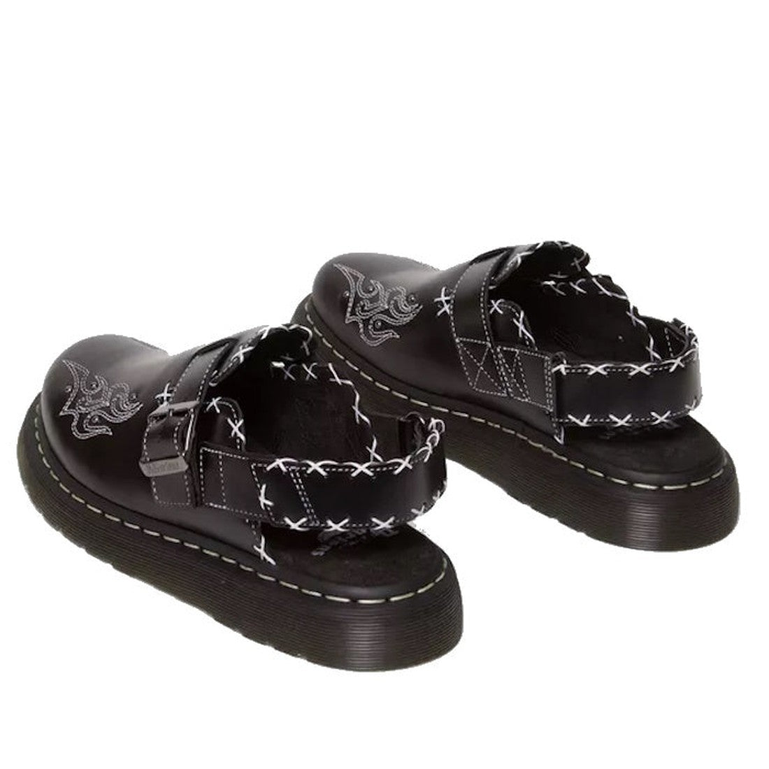 The Dr Martens Black Jorge II Gothic Americana Leather Slingback Mules feature waxed black leather, white contrast stitching, flame embroidery, thick platform soles, and adjustable buckle straps in an open-back design., 35783, 190665643480, 190665643497, 
