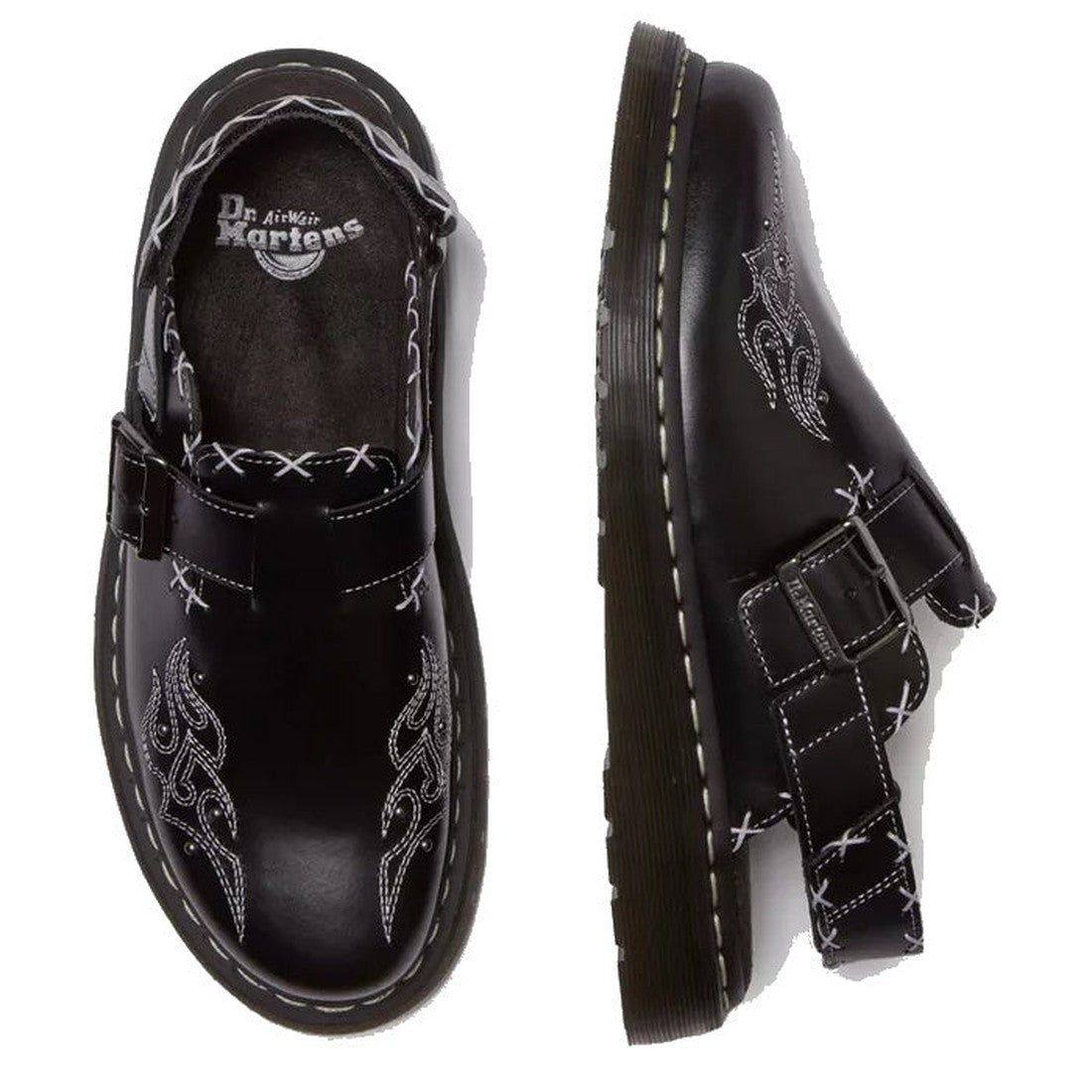 Two Dr. Martens Black Jorge II Gothic Americana Leather Slingback Mules are shown from above and the side, crafted from waxed black leather with white stitching, adjustable straps with metal buckles, and Goodyear-welted thick grooved soles., 35783, 190665