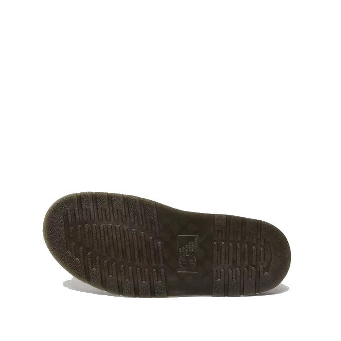 The image displays the dark, textured sole of the Dr Martens Black Jorge II Gothic Americana Leather Slingback Mules against a white background, featuring various horizontal and vertical grooves for grip., 35783, 190665643480, 190665643497, 190665643503, 