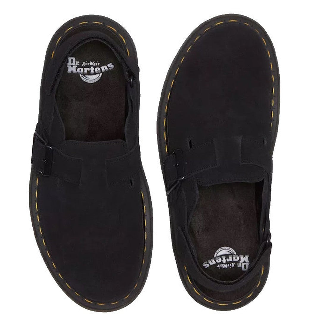 A pair of Dr. Martens Jorge II Black Suede Sling Back Sandal Mules in black, featuring yellow stitching, buckle straps, visible insoles with brand logo, and classic Goodyear-welted construction., 190665645477, 190665645484, 190665645491, 190665645514, 190