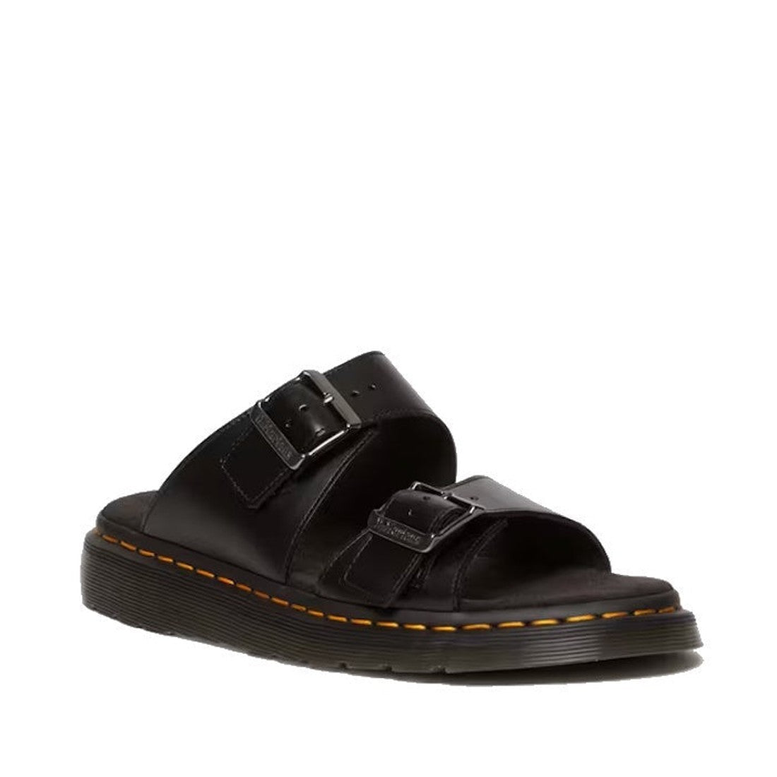 Image of the right foot side on of Dr Martens Josef Slide Sandal Analine Black Leather