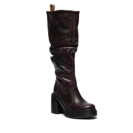 Dr Martens Kasey Hi Knee High Boot in dark brown leather, easy pull-on style, sturdy flared sole, round toe and handy top tab.  ksnz