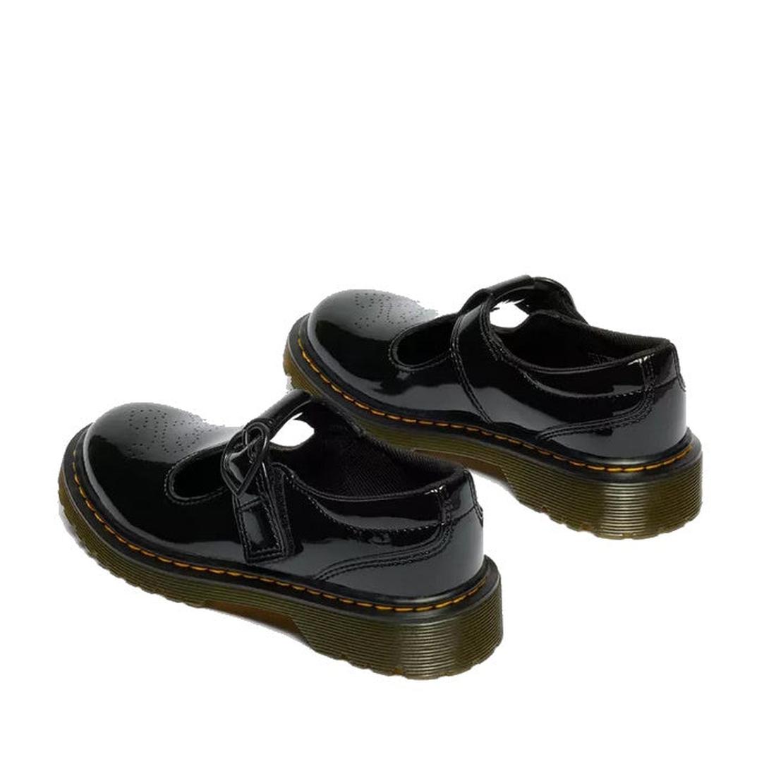 A pair of Dr Martens kids Polley II Heart T Bar Junior Black Patent shoes with chunky translucent soles, yellow stitching, and a buckle strap—perfect school shoes—photographed against a white background., 50432, 50433, 190665786743, 190665786750, 19066578