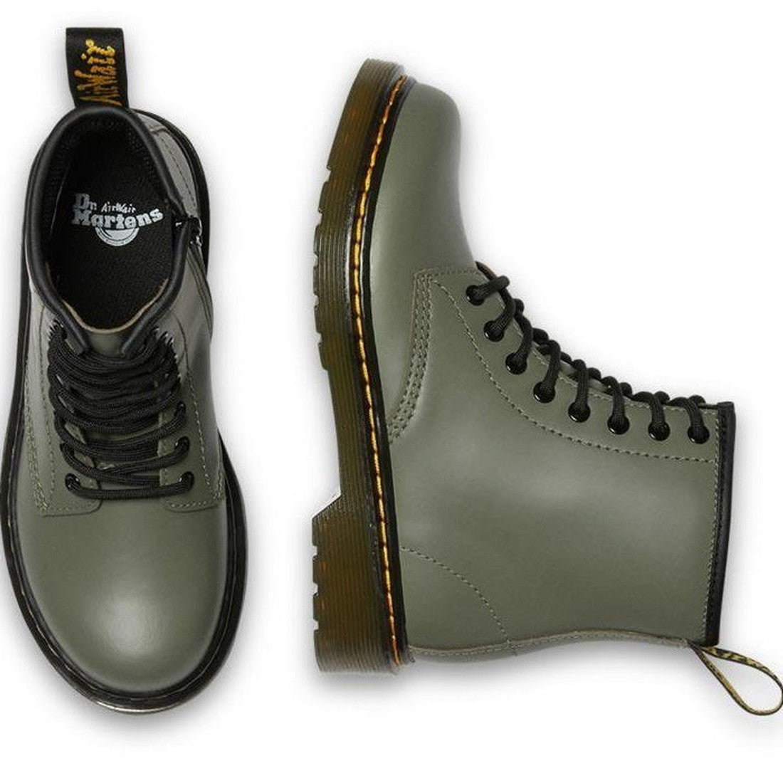 A pair of Dr Martens kids 1460 J Juniors Leather Boot w/zip in khaki, shown from top and side views, features black laces, yellow stitching, Goodyear-welted soles, a zipper, and a back pull tab., 27368, 27369, 190665488746, 190665488753, 190665488654, 190