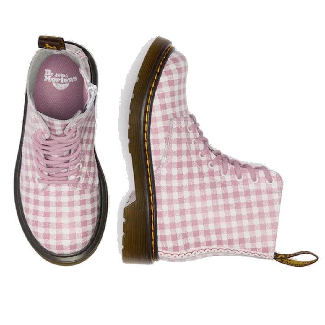Two Dr Martens kids 1460 J Juniors Gingham Pink Lace Up Boots with zip are shown: one upright displaying the top view in pink gingham, the other on its side highlighting the outer profile and sole., 50424, 50425, 50426, 190665779165, 190665779066, 1906657