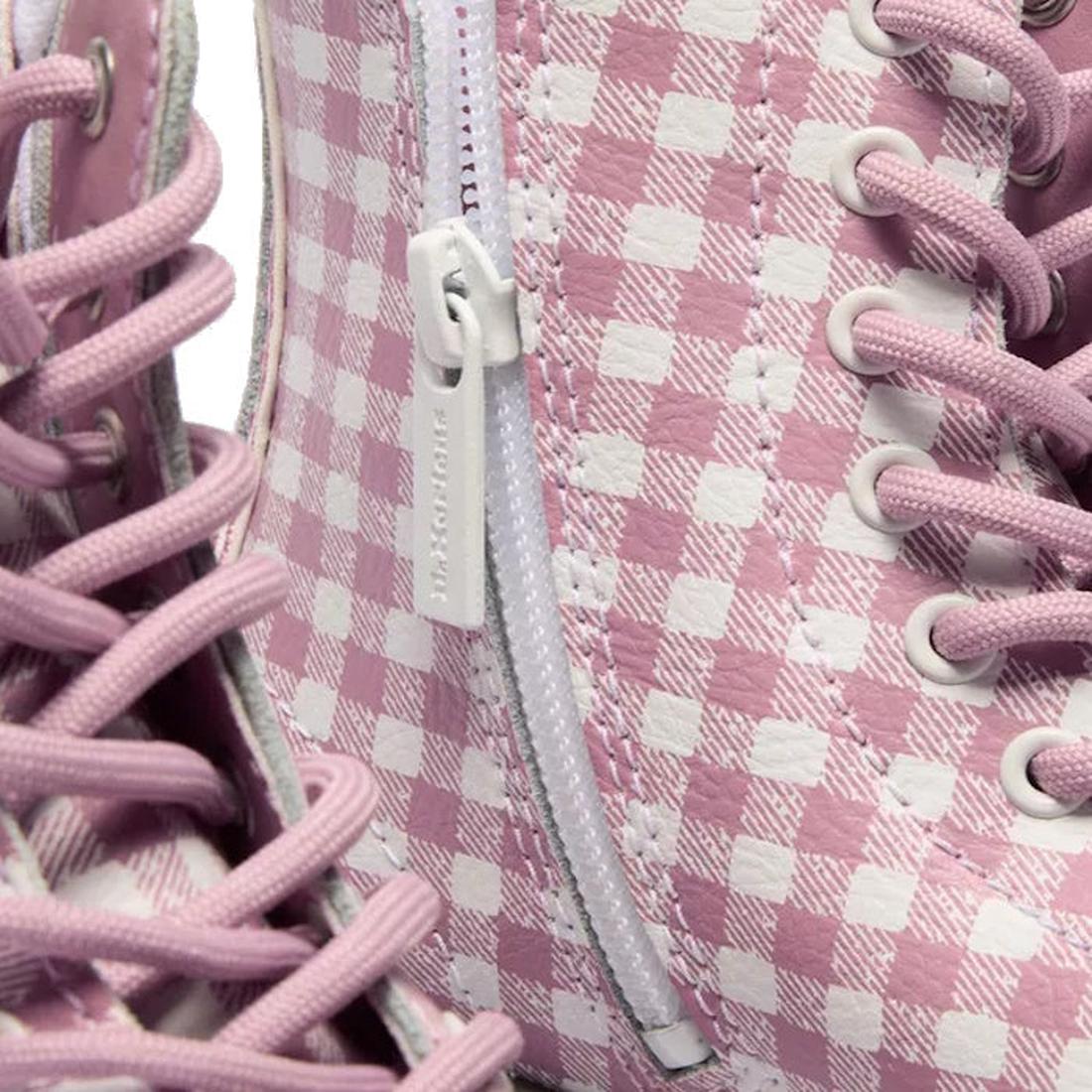 Close-up of Dr Martens kids - 1460 J Juniors Gingham Pink Lace Up Boot with zip, featuring a pink and white gingham pattern, detailed stitching, white laces, eyelets, and a stylish 8-eye boot design., 50424, 50425, 50426, 190665779165, 190665779066, 19066