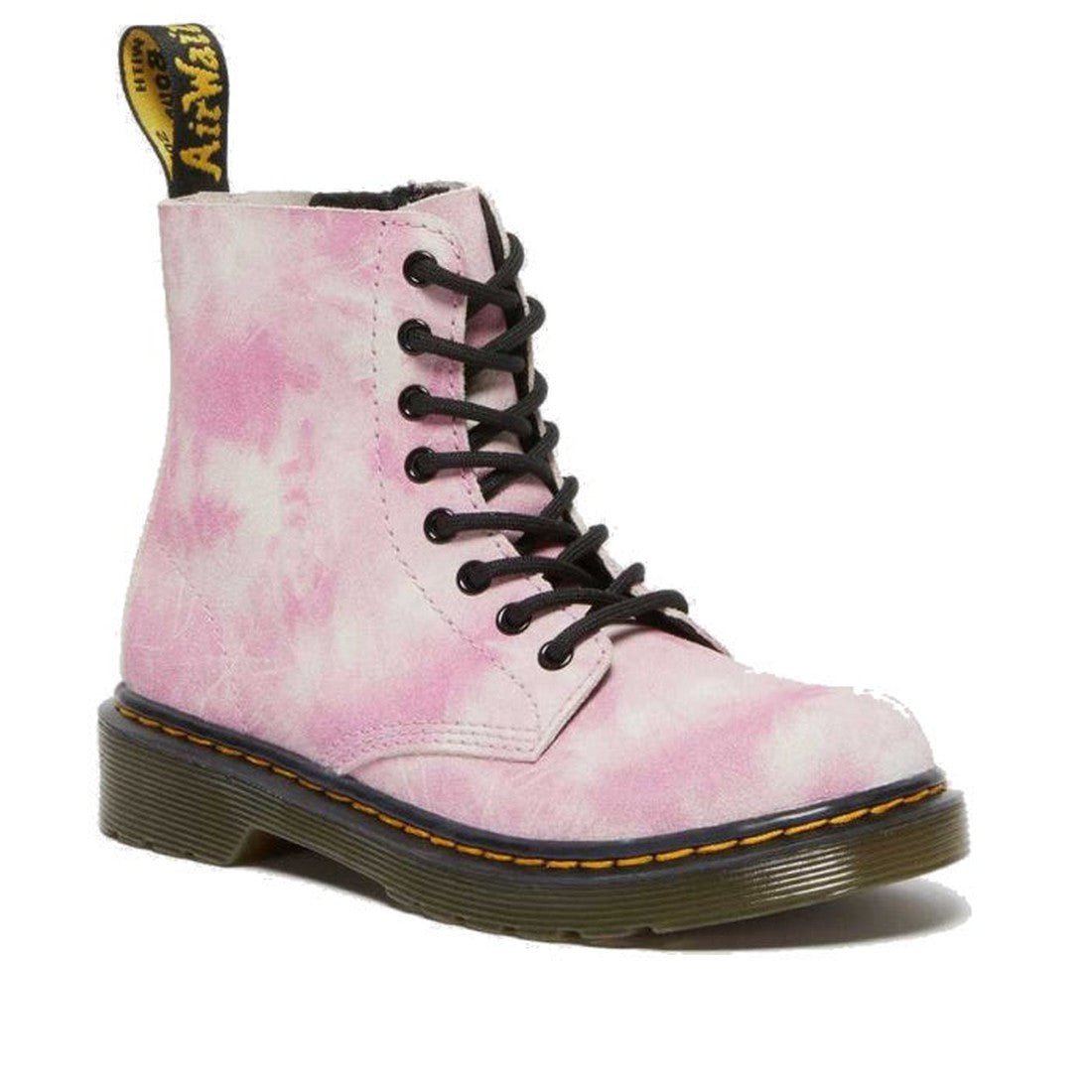 Image of right foot, side on of Dr Martens Kids - 1460 J Junior Tie Dye Pink Suede Boot-Foot Forward Shoes