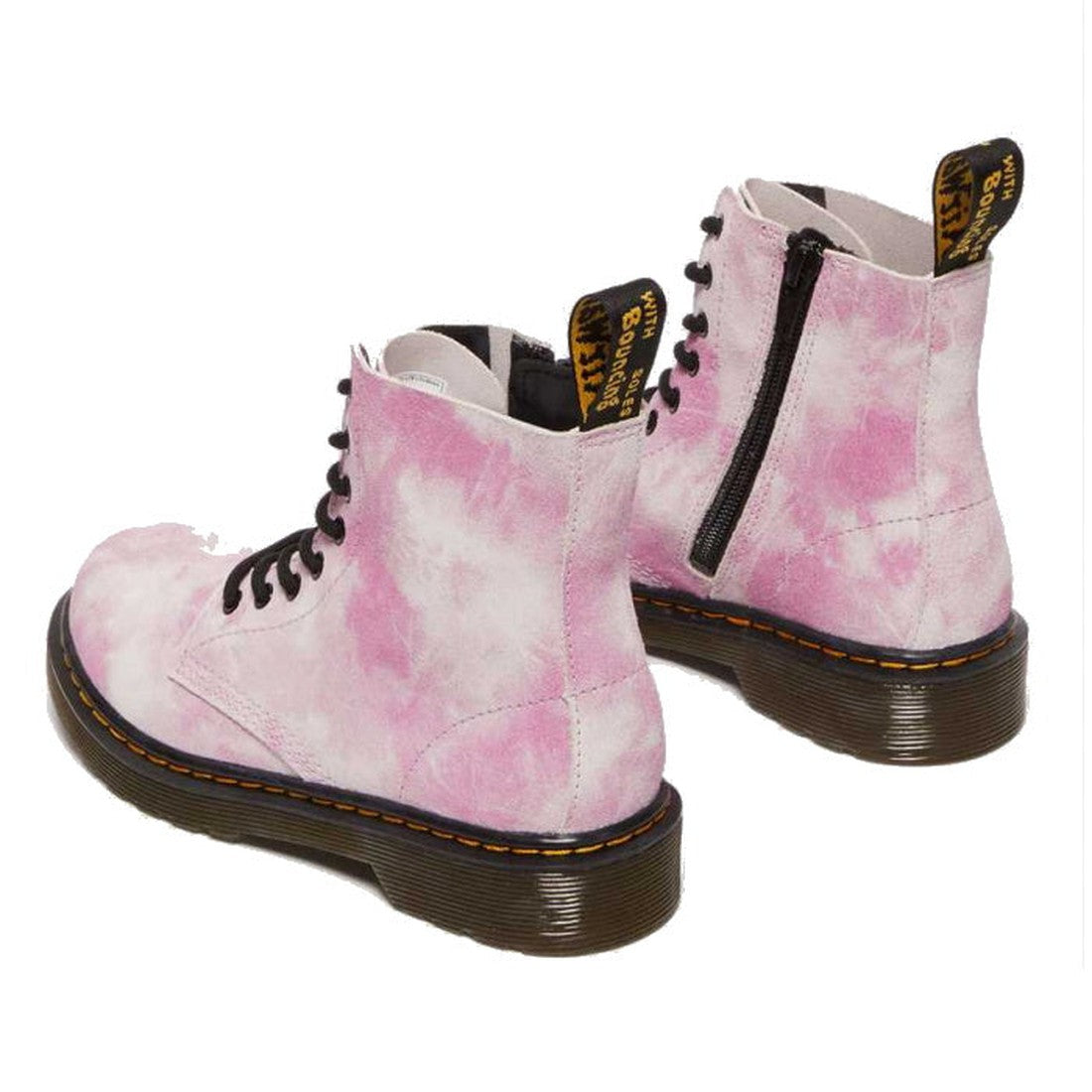 Dr Martens Kids - 1460 J Junior Tie Dye Pink Suede Boot features pink and white suede, black side zippers, black soles, yellow stitching, and branded pull tabs—a bold kids’ boot for standout grunge style., 190665493597, 190665493610, 190665493634, 27417, 