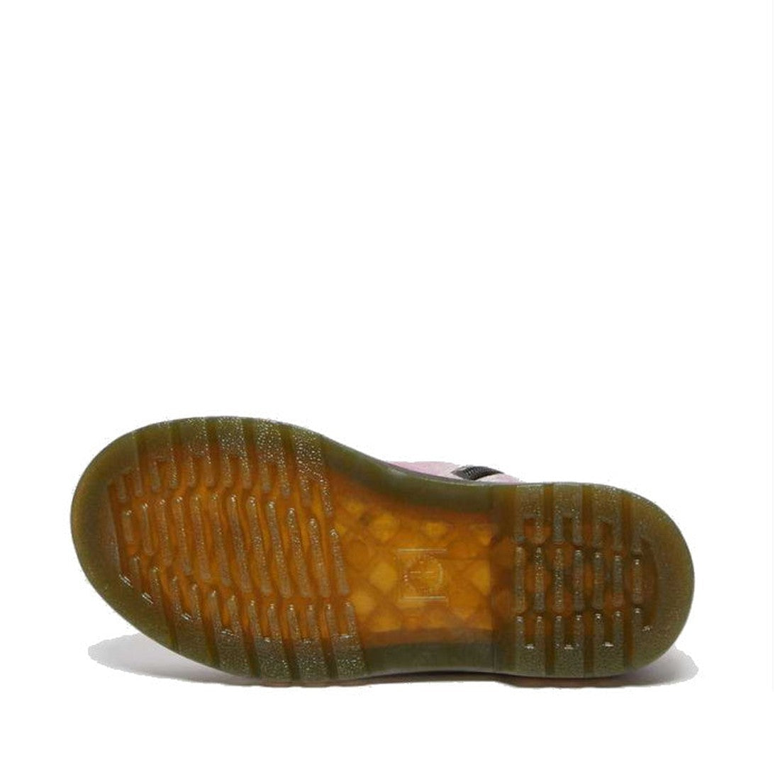 A close-up of the Dr Martens Kids 1460 J Junior Tie Dye Pink Suede Boot's sole, showing its brown, translucent textured rubber surface with visible tread patterns against a plain white background., 190665493597, 190665493610, 190665493634, 27417, 19066549