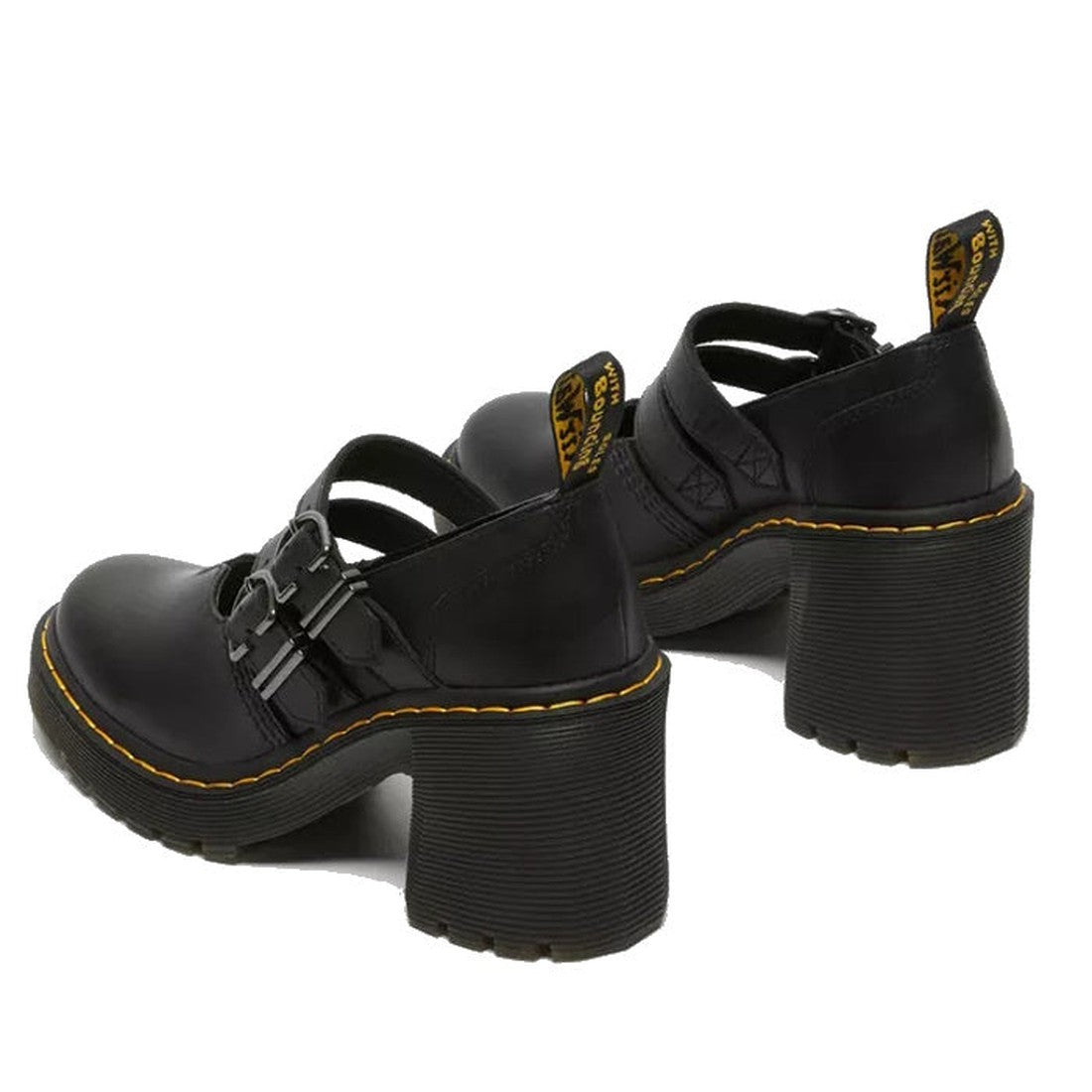 The Dr Martens - Women's Lottee Eviee Mary Jane features black thick-soled heels, double strap buckles, yellow stitching, and branded pull tabs at the back., 190665459623, 190665459630, 190665459647, 190665459661, 190665459678, 190665459685
