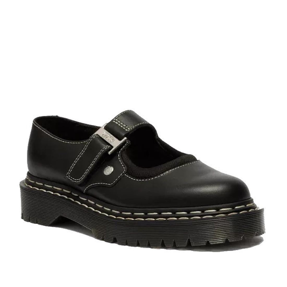 Dr Martens Women's Mary Jane WDS Bex in black leather with double white stitching, sturdy platform sole, and secure buckle strap.  ksnz