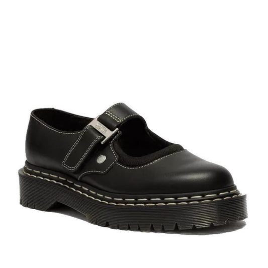 Dr Martens Women's Mary Jane WDS Bex in black leather with double white stitching, sturdy platform sole, and secure buckle strap.  ksnz