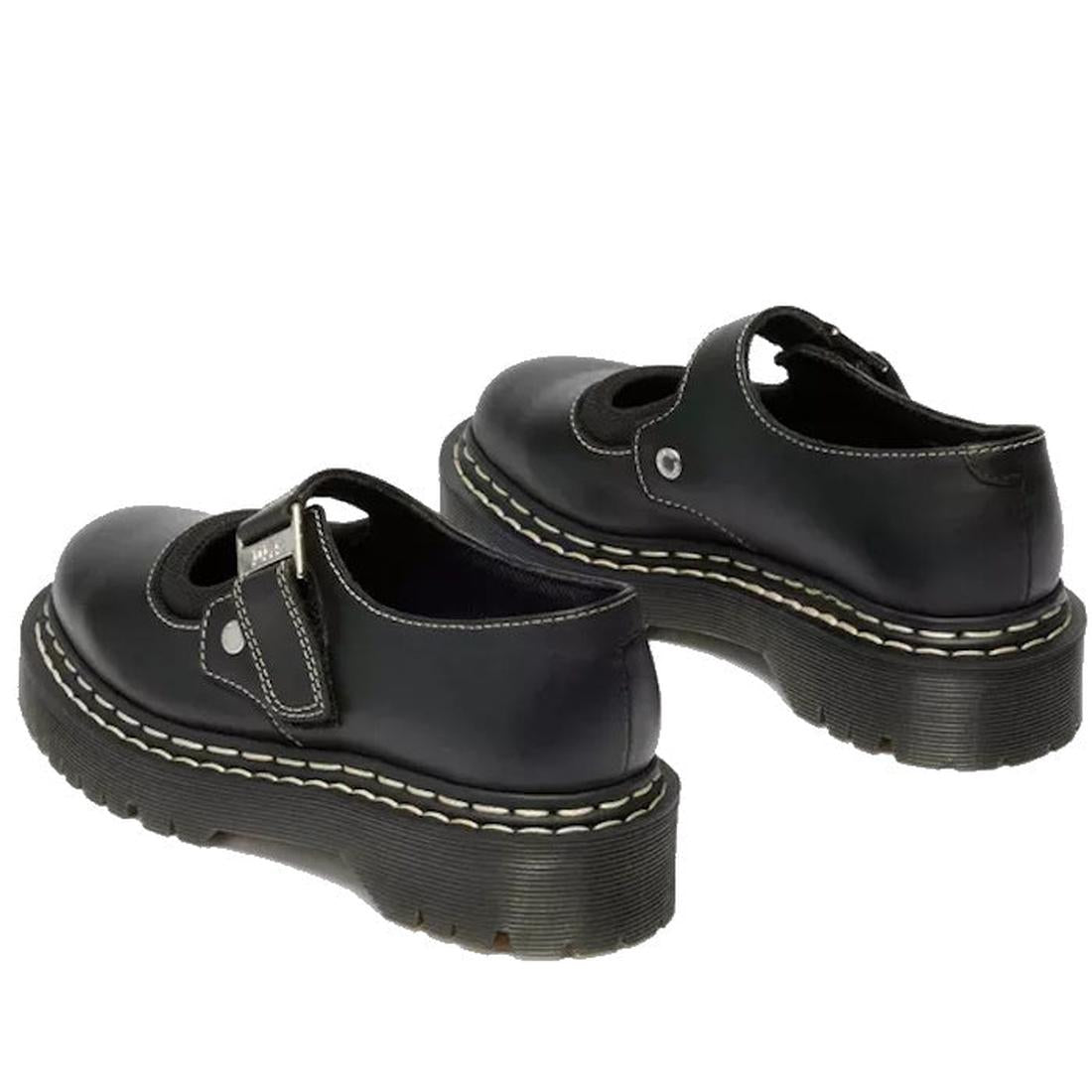 Women's Mary Jane WDS Bex by Dr Martens in black leather, with durable grooved soles and a secure buckle strap, rear side view.  ksnz, 190665785807, 190665785814, 190665785821, 190665785845, 190665785869