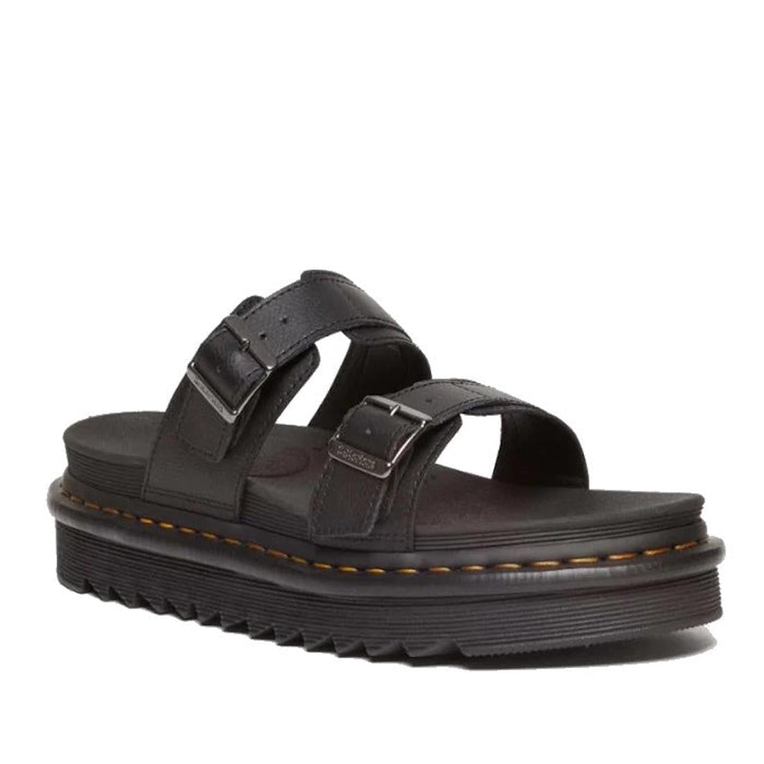 The right foot of a  Dr Martens black Athena leather Myles slide  strap sandal with two adjustable straps (by buckle on the outer of the foot) and a matte finish.