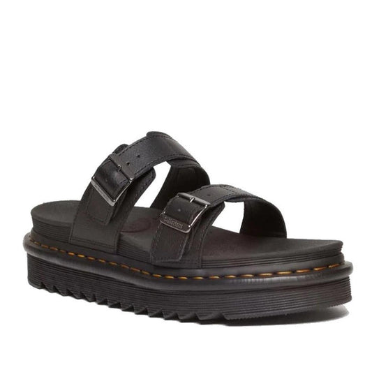 The right foot of a  Dr Martens black Athena leather Myles slide  strap sandal with two adjustable straps (by buckle on the outer of the foot) and a matte finish.