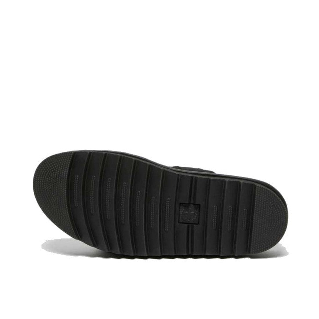 The image shows the bottom view of a Dr Martens - Myles Black Suede Fur Lined Sandal sole, featuring horizontal textured grooves for grip and a rectangular logo near the center., 25879, 25880, 190665493030, 190665493047, 25883, 190665493061, 190665493078,