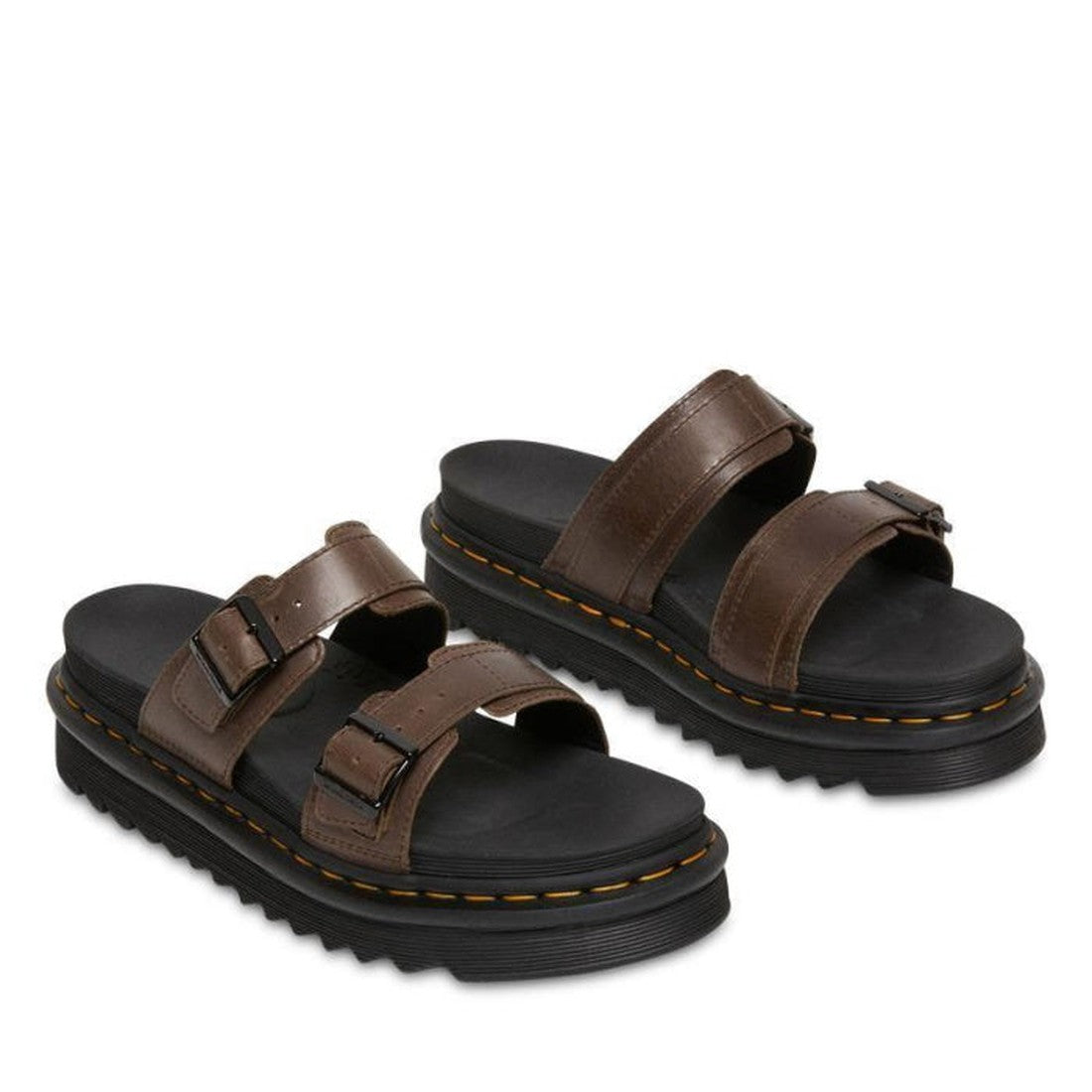 The Dr Martens Myles Dark Brown Oiled Illusion Sandal features two adjustable buckle straps and lightweight ripple soles, finished with thick black soles and signature yellow stitching accents., 26562, 190665523188, 190665523195, 190665523201, 19066552321