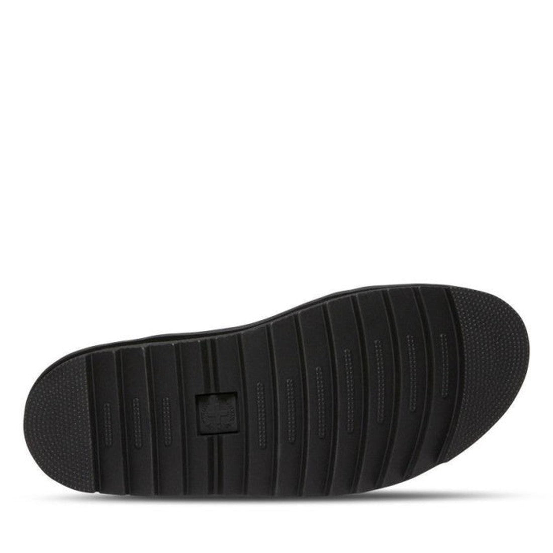 The image shows the black rubber sole of the Dr. Martens Myles Dark Brown Oiled Illusion Sandal (CLEARANCE) viewed from below, with horizontal grooves for traction and a small rectangular logo in the center. The background is plain white., 26562, 19066552
