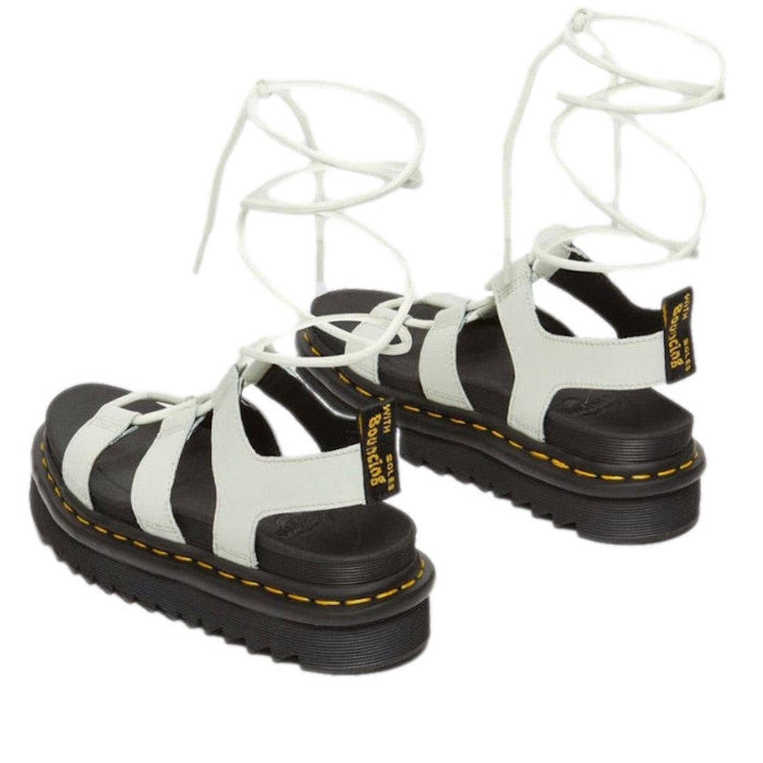Dr Martens Nartilla Gladiator Sandal in Smoked Mint: comfy strappy white sandals, sturdy black sole with yellow trim, lace-up ankles.  ksnz, 190665644791, 190665644807, 190665644814, 190665644838, 190665644845
