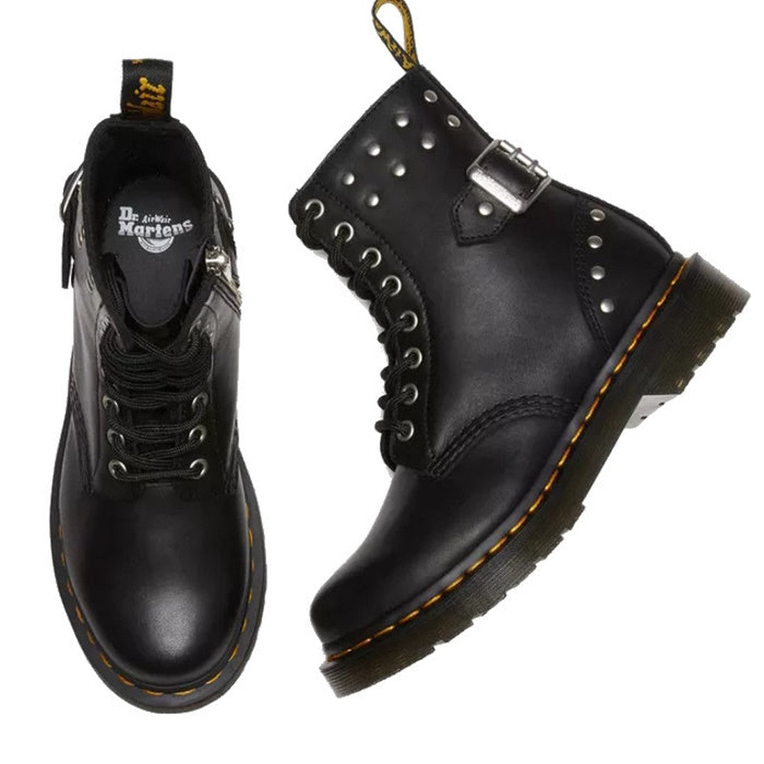 A pair of Dr. Martens 1460 HDW Pascal Hardware 8 Eye Nappa boots in black, featuring metal eyelets, studs, a side buckle, and signature yellow stitching. One boot is viewed from above; the other is shown from the side., 190665552911, 30444, 30445, 1906655