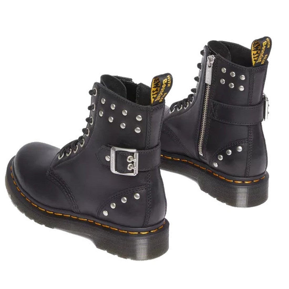 The Dr Martens 1460 HDW Pascal Hardware 8 Eye Nappa boots are black lace-up combat boots with silver studs, side zips, buckles, yellow stitching on the soles, and a branded yellow pull tab, inspired by the classic 1460 style., 190665552911, 30444, 30445, 