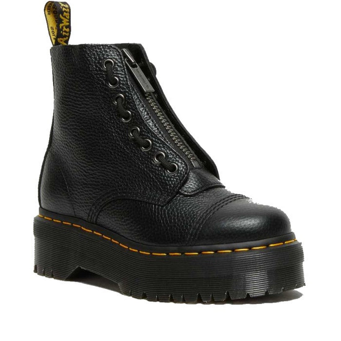 Dr Martens Sinclair Boot Black Milled Nappa Leather: classic black leather boot with chunky sole, yellow stitching, laces, zipper closure.  ksnz