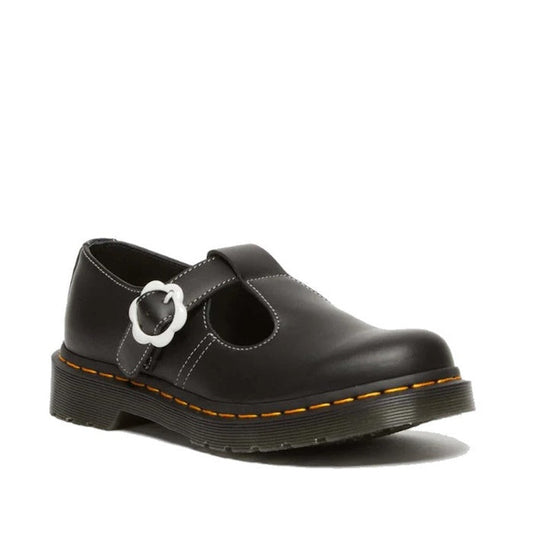 Dr Martens Polley T-Bar is a stylish black leather shoe with white stitching, chunky grip sole, and a fun silver flower buckle closure.  ksnz
