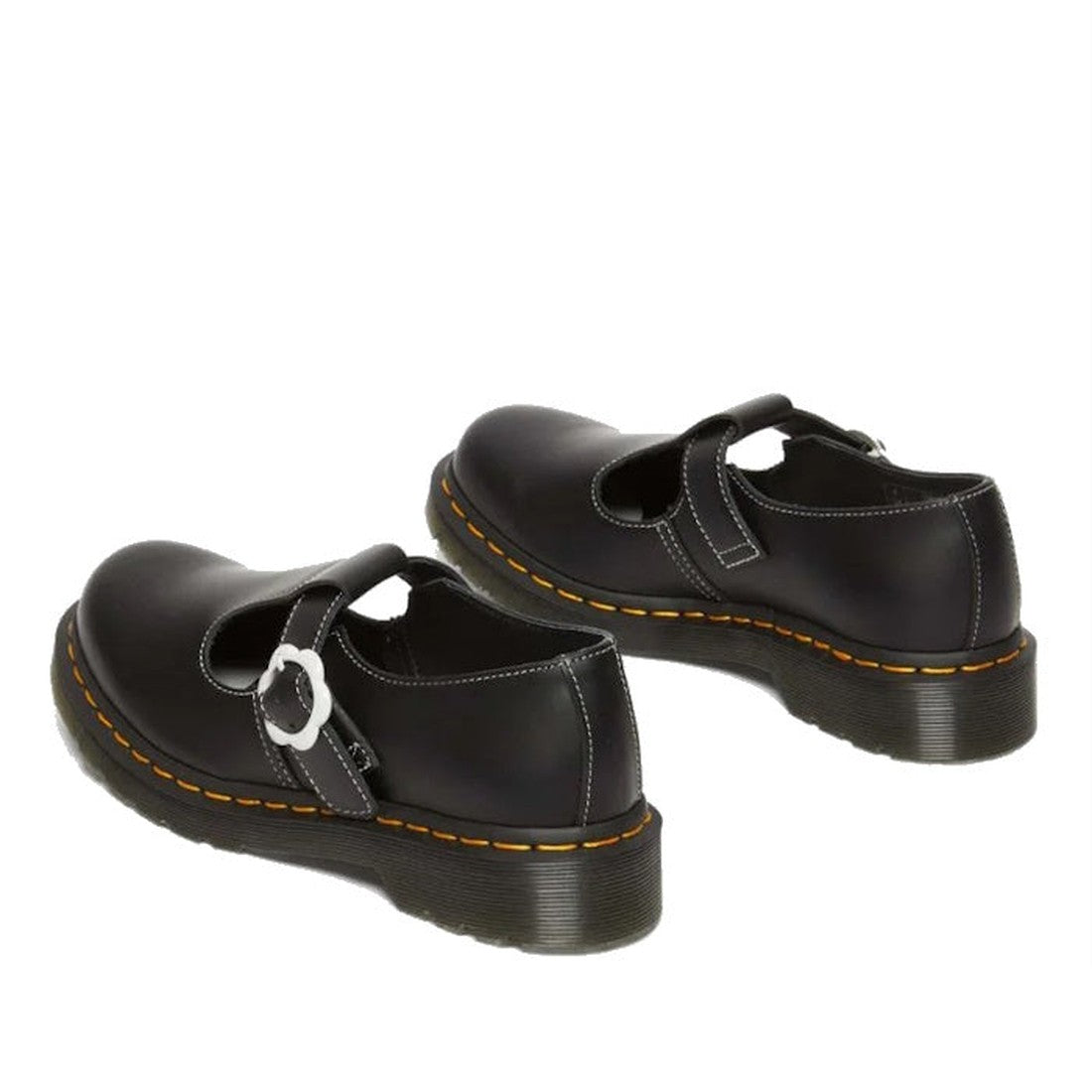 Dr Martens Polley T-Bar shoes in black leather with white flower buckle, sturdy thick soles, white stitching, and secure strap closure.  ksnz, 190665639124, 190665639131, 190665639148, 190665639162, 190665639179, 190665639186