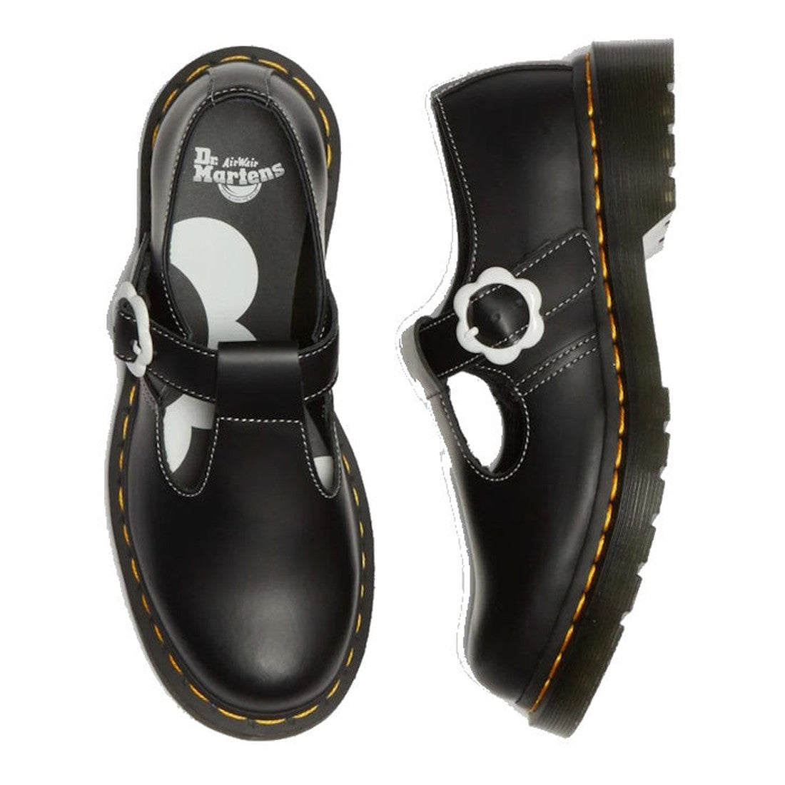 Dr Martens Polley T-Bar Black Leather Shoes—sturdy thick soles, yellow stitching, floral buckle closure. Top and side views shown.  ksnz, 190665639124, 190665639131, 190665639148, 190665639162, 190665639179, 190665639186