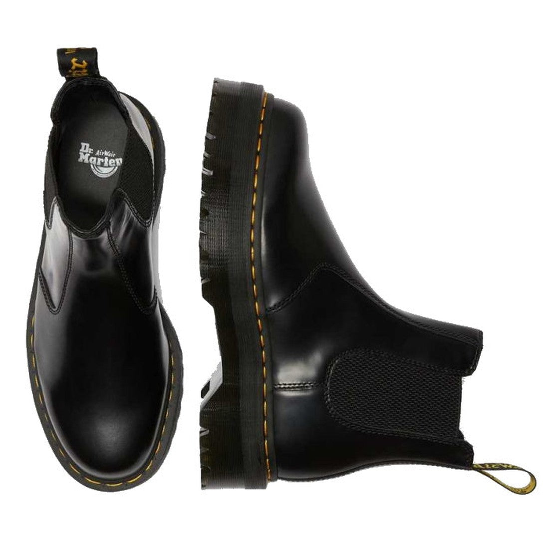 The Dr. Martens 2976 Quad Chelsea Black Boot features yellow stitching, elastic side panels, pull tabs, and a signature air-cushioned sole, shown from the side and top against a white background., 190665239621, 190665239638, 190665239645, 190665239652, 19