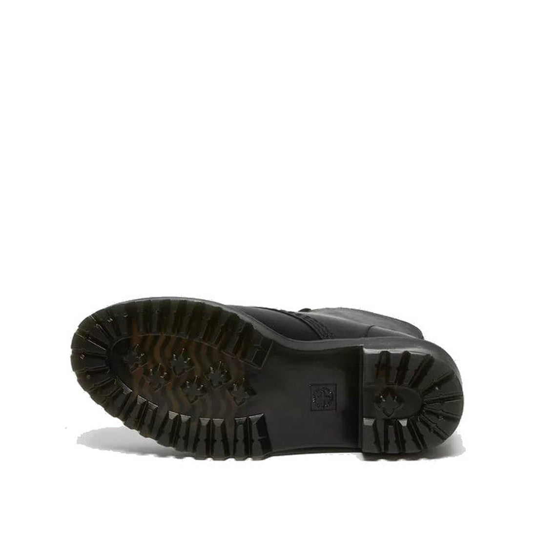 The Dr Martens Women's Shriver Hi Lace Up Leather Boot in black is displayed sole-up, highlighting its rugged tread and thick, textured rubber outsole against a plain white background., 190665158588, 190665158595, 190665158601, 190665158618, 190665158625,