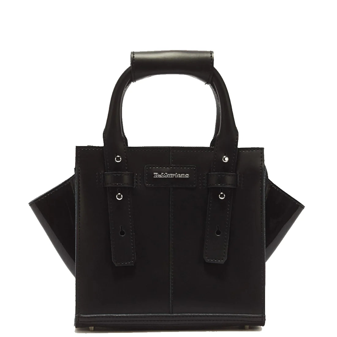 The Dr Martens Small Keiv Leather Tote Bag Black is a structured small tote crafted from black Kiev leather, featuring two top handles with decorative patent Lamper straps and a small rectangular logo patch on the front, shown against a white background.