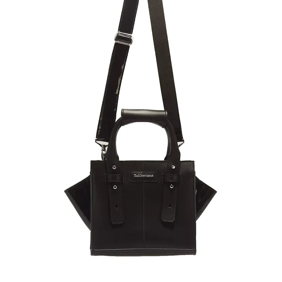 Introducing the Dr Martens Small Keiv Leather Tote Bag in Black—crafted from sleek black Kiev leather, this compact handbag features double handles and an adjustable shoulder strap with patent Lamper accents and side gussets. Subtle stitching details fram