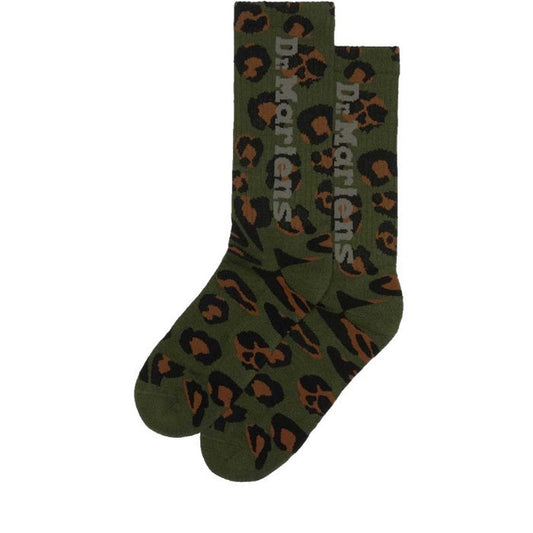 Dr Martens Socks Vertical Logo Unisex Camo Khaki—soft cotton-blend, camo print crew socks, great for sneakers or boots.  ksnz