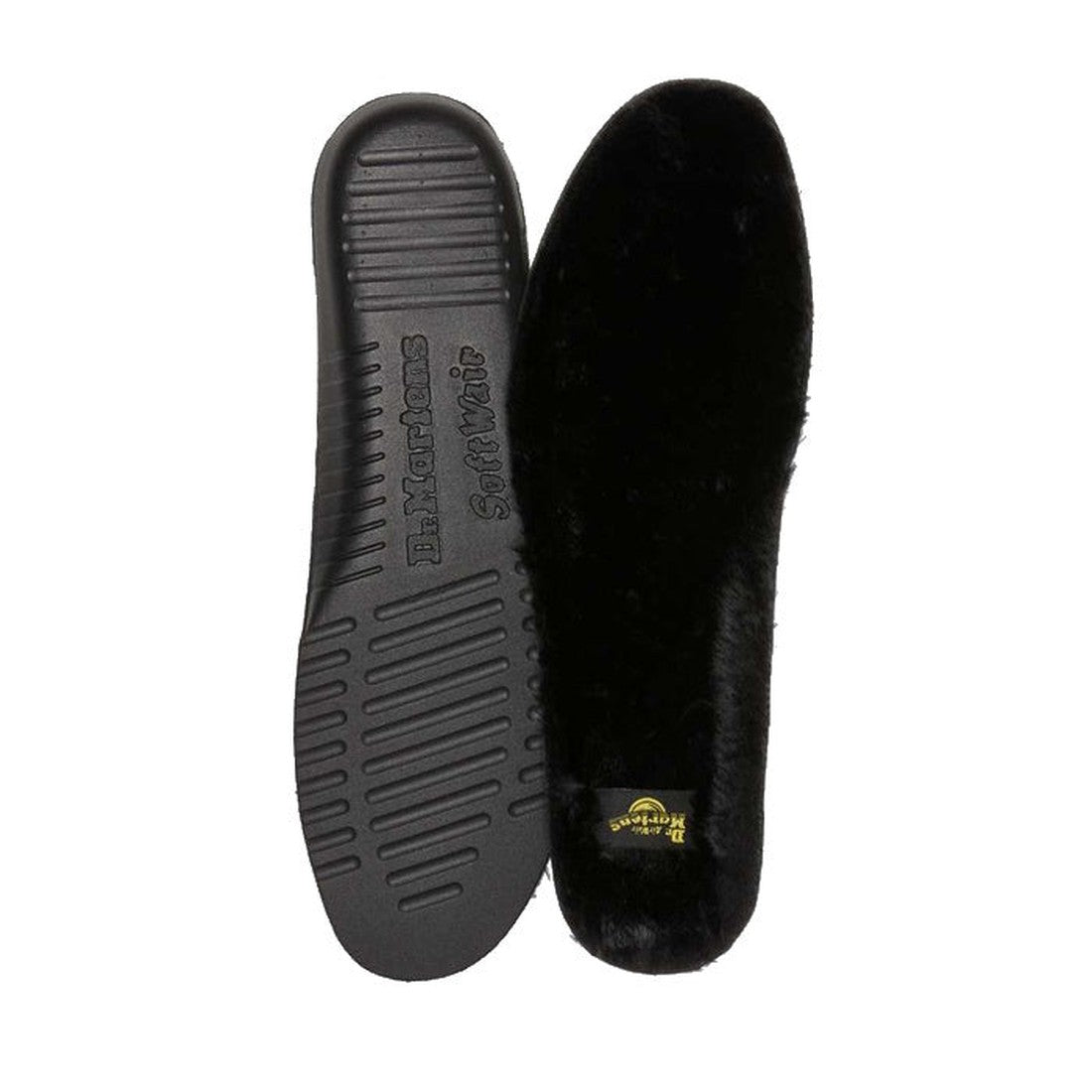 Dr Martens WarmAir Furry Cushion black insoles, vegan and cozy, with a grippy soles for boots. Both shown on a white background.  ksnz, 190665519884, 190665519891, 190665519907, 190665519914, 190665519921, 190665519938
