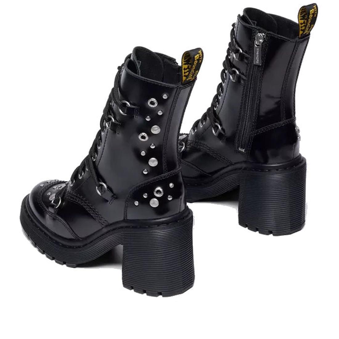 Heel detail looking to the front of Dr Martens Chesney Hardware boots. showing the zip on the inside of the leg Black leather boots with studs and zippers on a white background.,
190665797701,
190665797718,
190665797732,, 49579, 190665797701, 190665797718
