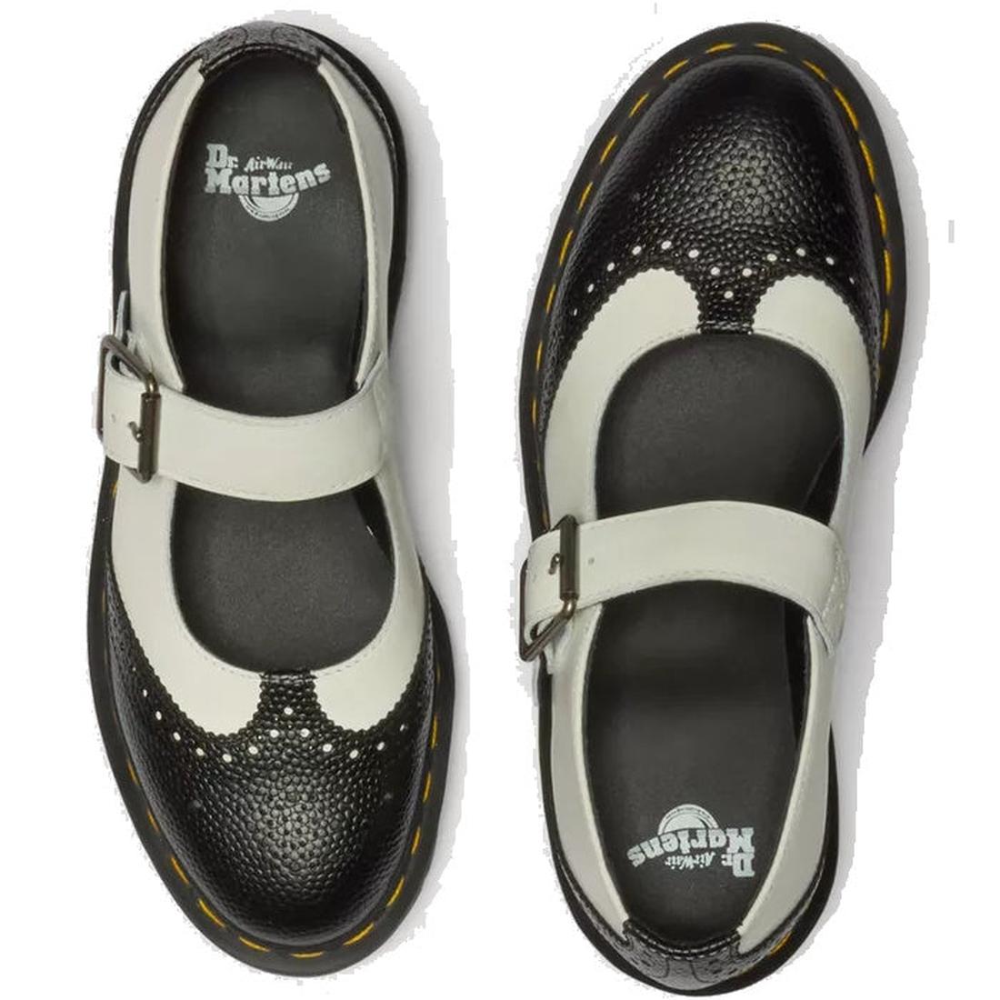 Dr Martens Women's Mary Jane BW Black + White shoe in comfy leather, secure buckle straps, and classic grippy yellow-stitched sole.  ksnz, 190665785333, 190665785340, 190665785364