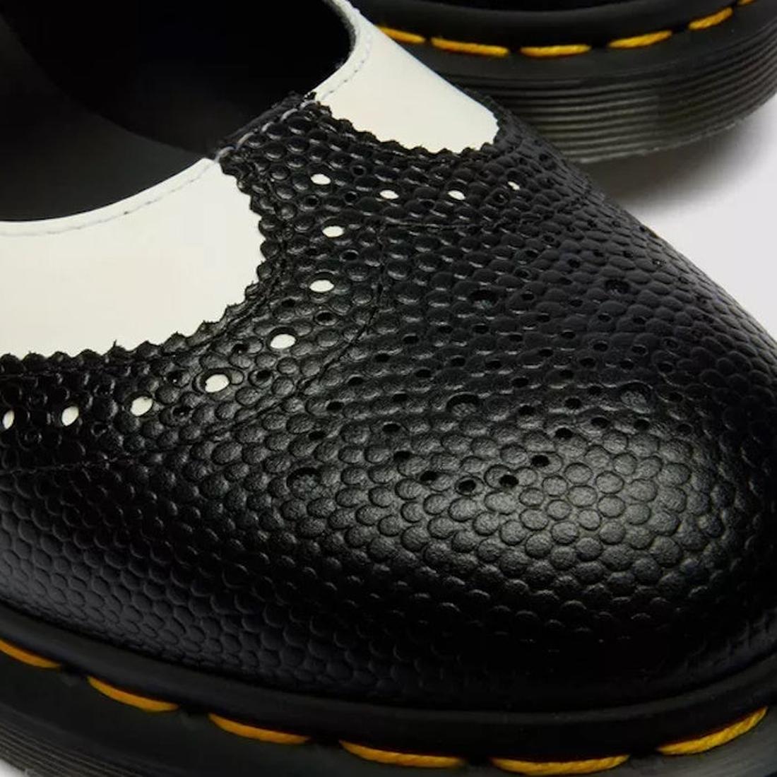 Dr Martens Women's Mary Jane BW Black + White shoe in soft leather, comfy air-cushioned sole, buckle closure, and signature yellow stitching.  ksnz, 190665785333, 190665785340, 190665785364