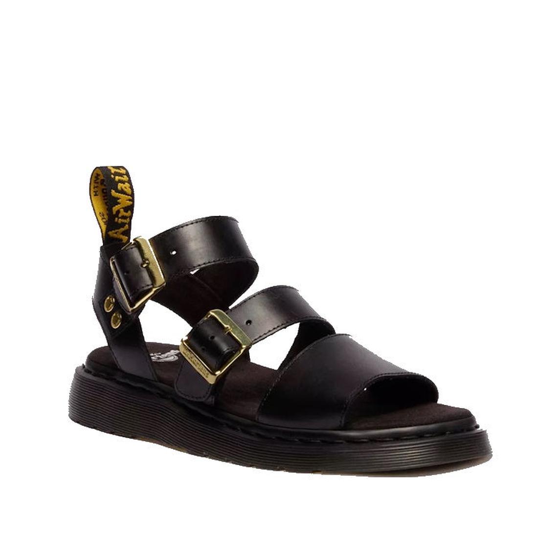 Dr Martens Gryphon Sandal in Black Atlas Leather, with two buckle straps, a sturdy closed heel, grippy sole, and easy pull tab.  ksnz