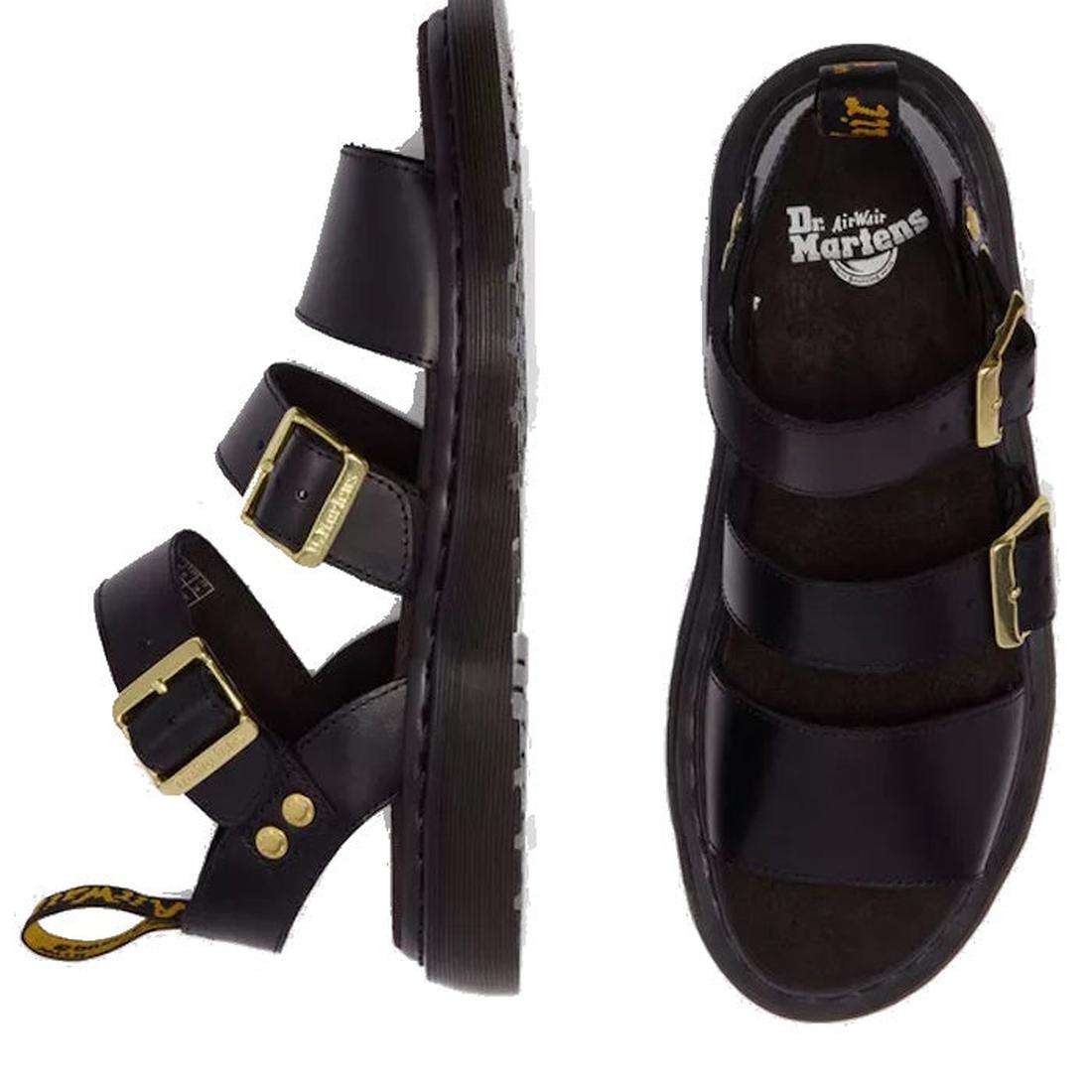 Dr Martens Gryphon black leather sandals with sturdy welted soles, comfy footbed, three gold buckles, and a bright yellow back tag.  ksnz, 190665783414, 190665783421, 190665783438, 190665783452, 190665783469, 50536