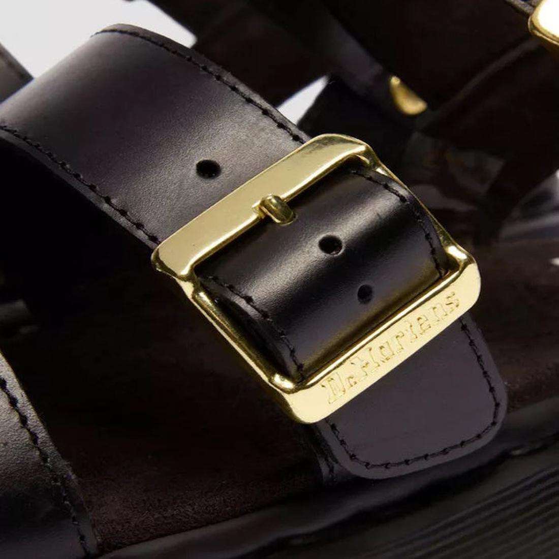 Dr Martens Gryphon Sandal in Black Atlas Leather features comfy black straps, gold buckle closure, sturdy sole, and strong stitching.  ksnz, 190665783414, 190665783421, 190665783438, 190665783452, 190665783469, 50536
