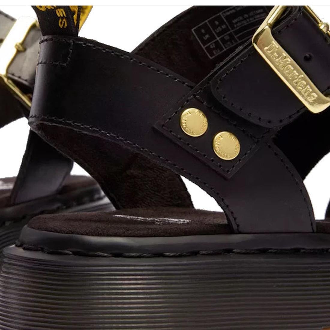Dr Martens Gryphon Sandal in black leather, with comfy secure gold buckles, strong sole, and yellow-black pull tab for easy wear.  ksnz, 190665783414, 190665783421, 190665783438, 190665783452, 190665783469, 50536
