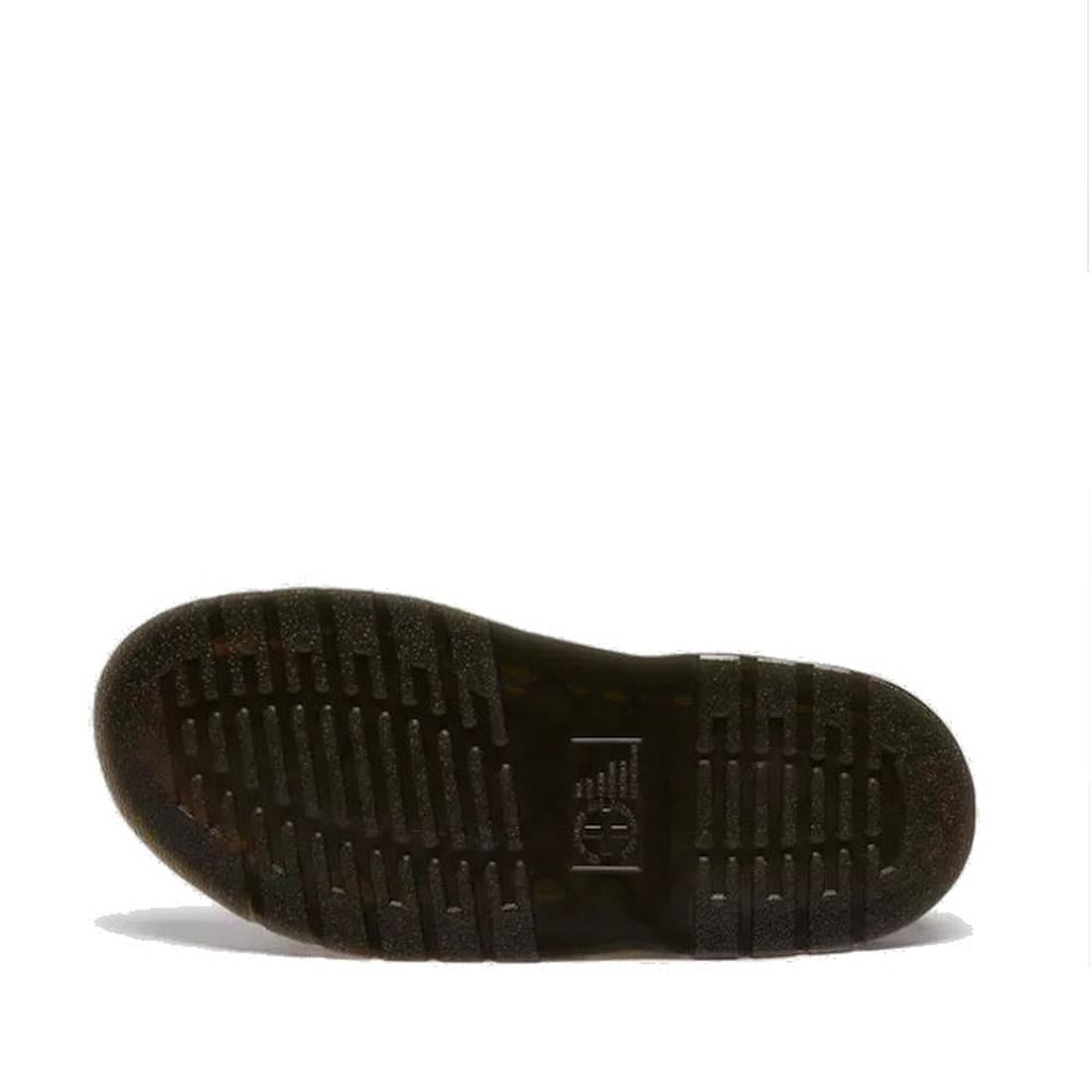 Dr Martens Gryphon Black Atlas Leather Sandal, kids’ style, shown from the bottom with a grippy textured sole and buckle closure.  ksnz, 190665783414, 190665783421, 190665783438, 190665783452, 190665783469, 50536