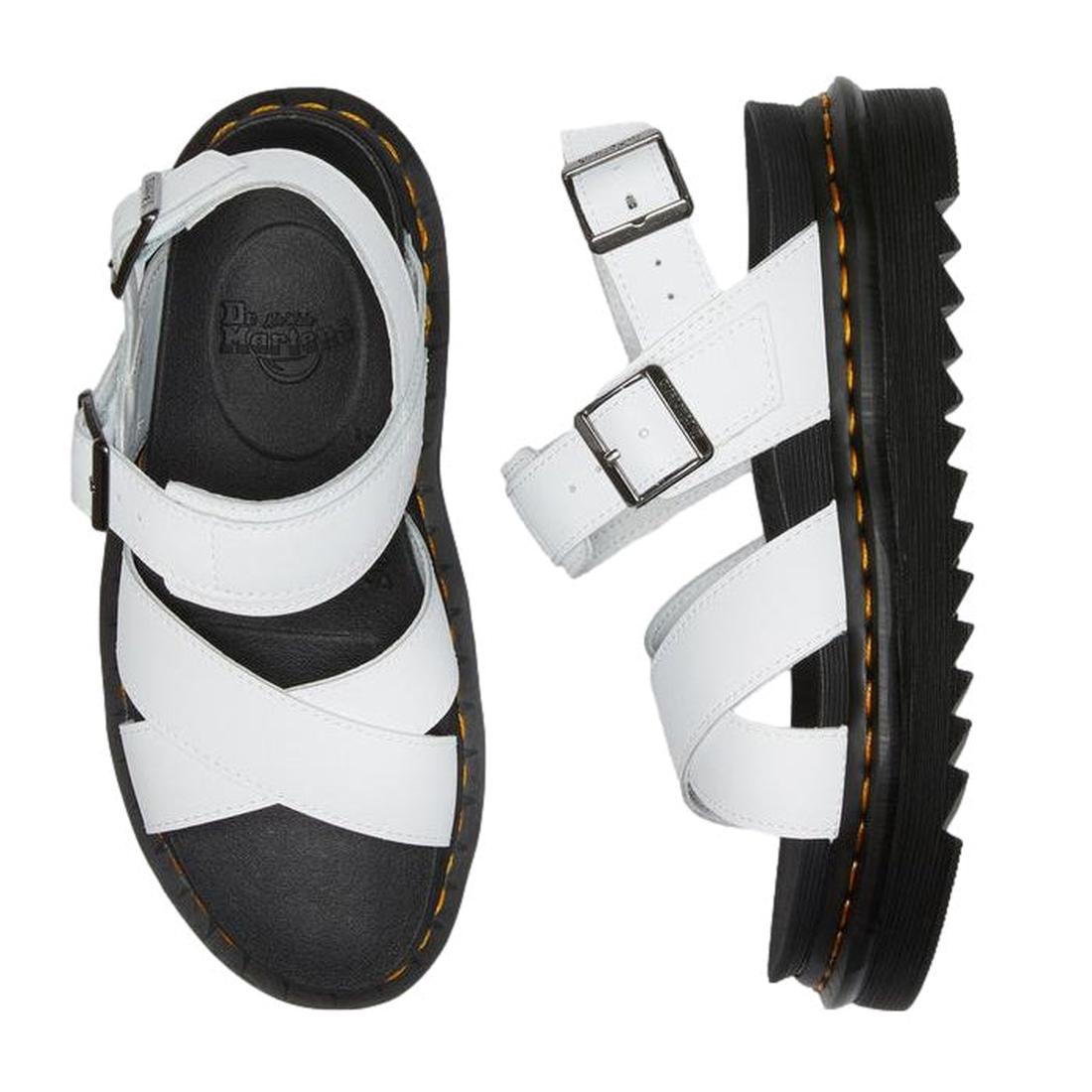Dr Martens Voss II Cross Strap white sandals for kids, with comfy black platform soles, easy silver buckles, and yellow stitching.  ksnz, 190665404579, 190665404586, 190665404593, 190665404616, 190665404623, 190665404630