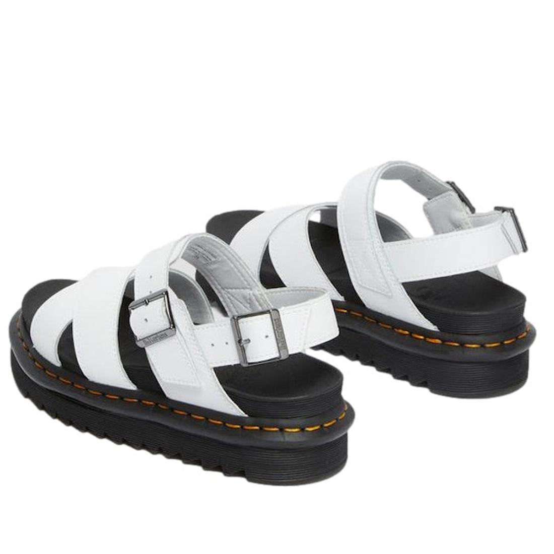 Dr Martens Voss II Cross Strap Sandal White has comfy white leather straps, secure buckles, and a sturdy black sole with yellow stitching.  ksnz, 190665404579, 190665404586, 190665404593, 190665404616, 190665404623, 190665404630