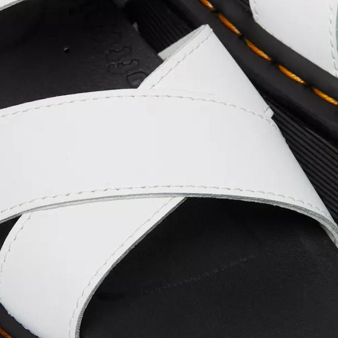 Dr Martens - Voss II Cross Strap Sandal in bright white, with soft leather crisscross straps, comfy black sole, and yellow stitching.  ksnz, 190665404579, 190665404586, 190665404593, 190665404616, 190665404623, 190665404630