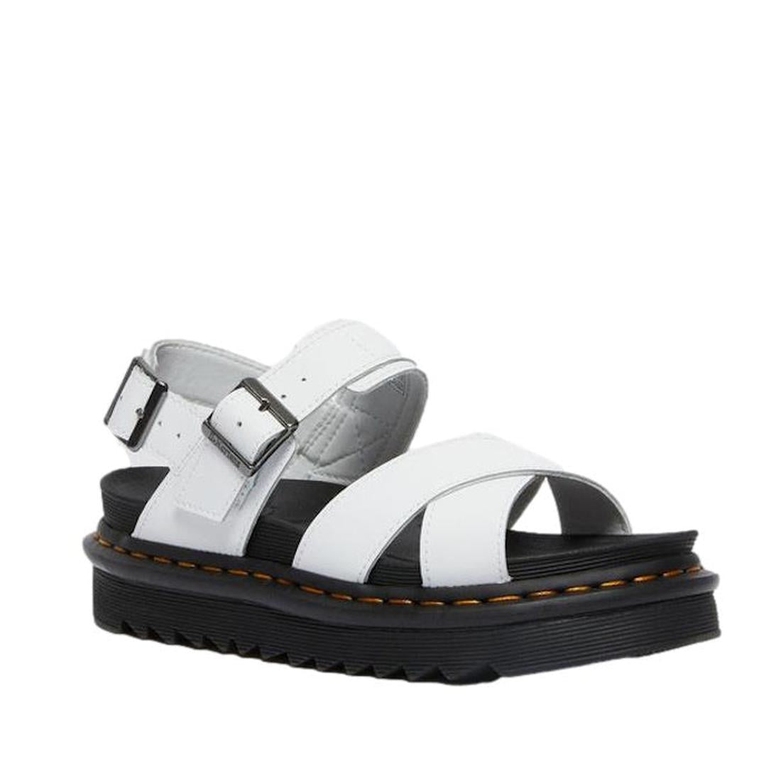 Dr Martens - Voss II Cross Strap Sandal White is a comfy white sandal with sturdy leather straps, adjustable silver buckles, and a grippy black sole.  ksnz
