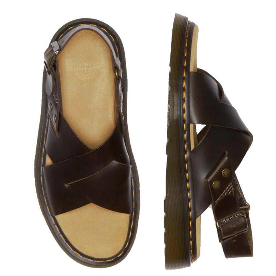 Dr Martens Zane Brown Brando Leather Sandal: comfy kids’ sandal with sturdy crisscross straps, secure buckle, and chunky sole.  ksnz, 190665643893, 190665643916, 190665643923, 190665643930, 190665643954