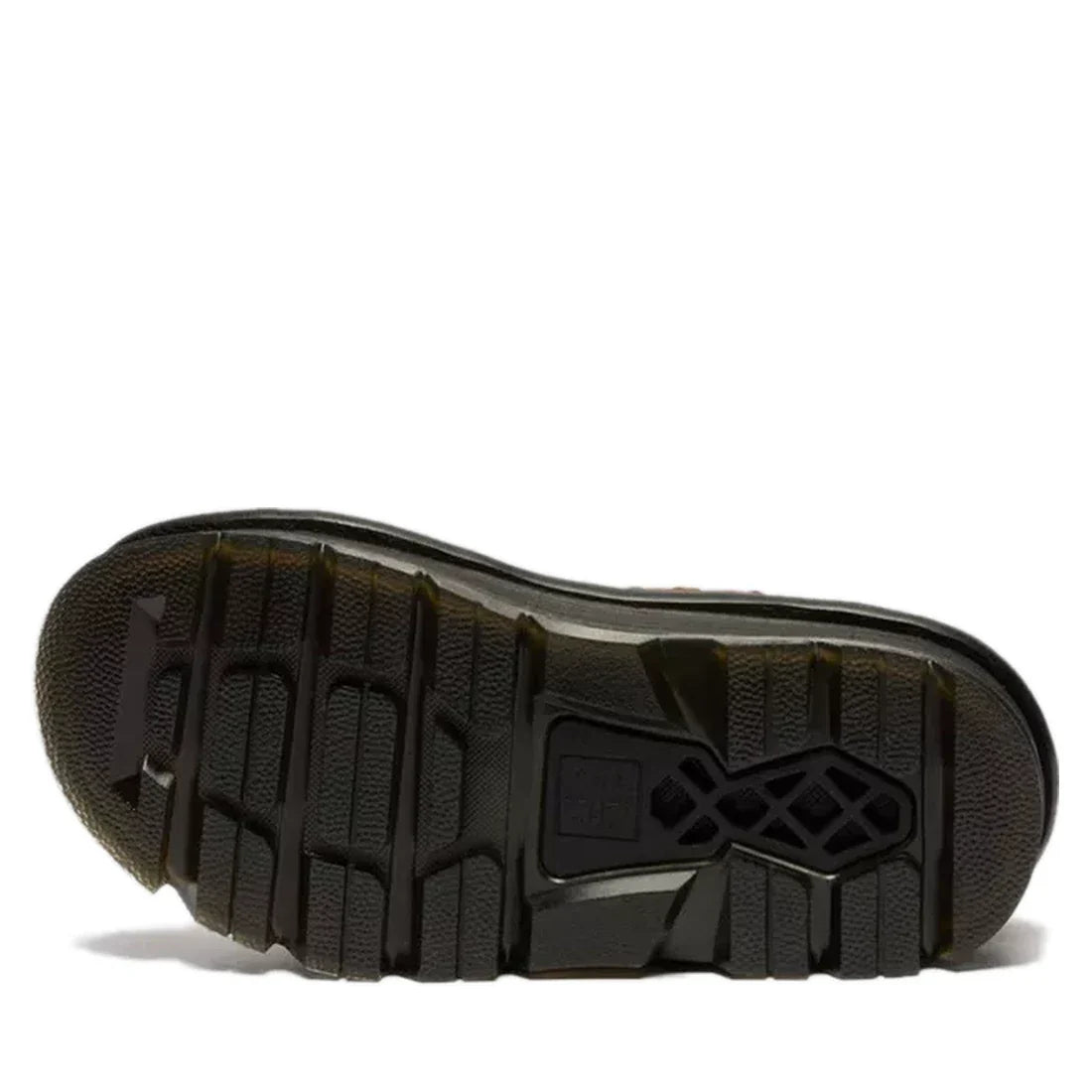 The image displays the sole of the Dr Martens Zebzag Sepia Brown Nubuck 2 Strap Sandal, showcasing a rugged tread with deep grooves and textured sections for enhanced grip and durability, made from premium milled nubuck., 190665790603, 190665790610, 19066